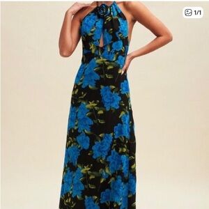 Floral Halter Maxi Dress - Blue and Black